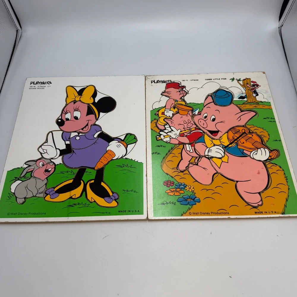 Vintage 80s Playskool Disney Wooden Puzzles Minnie Mouse Three Little Pigs Lot 2